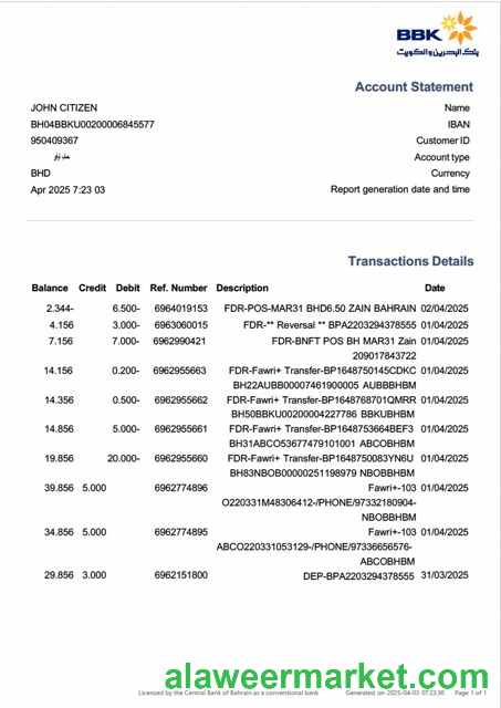 Bahrain Bank of Bahrain and Kuwait (BBT) account statement Word and PDF template